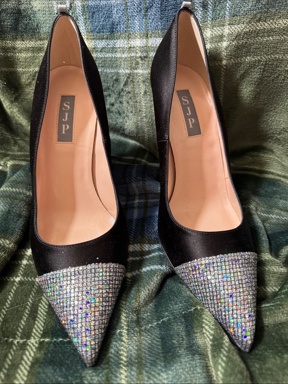 Black Satin Pointed Toe Pumps with Crystal Toe Cap